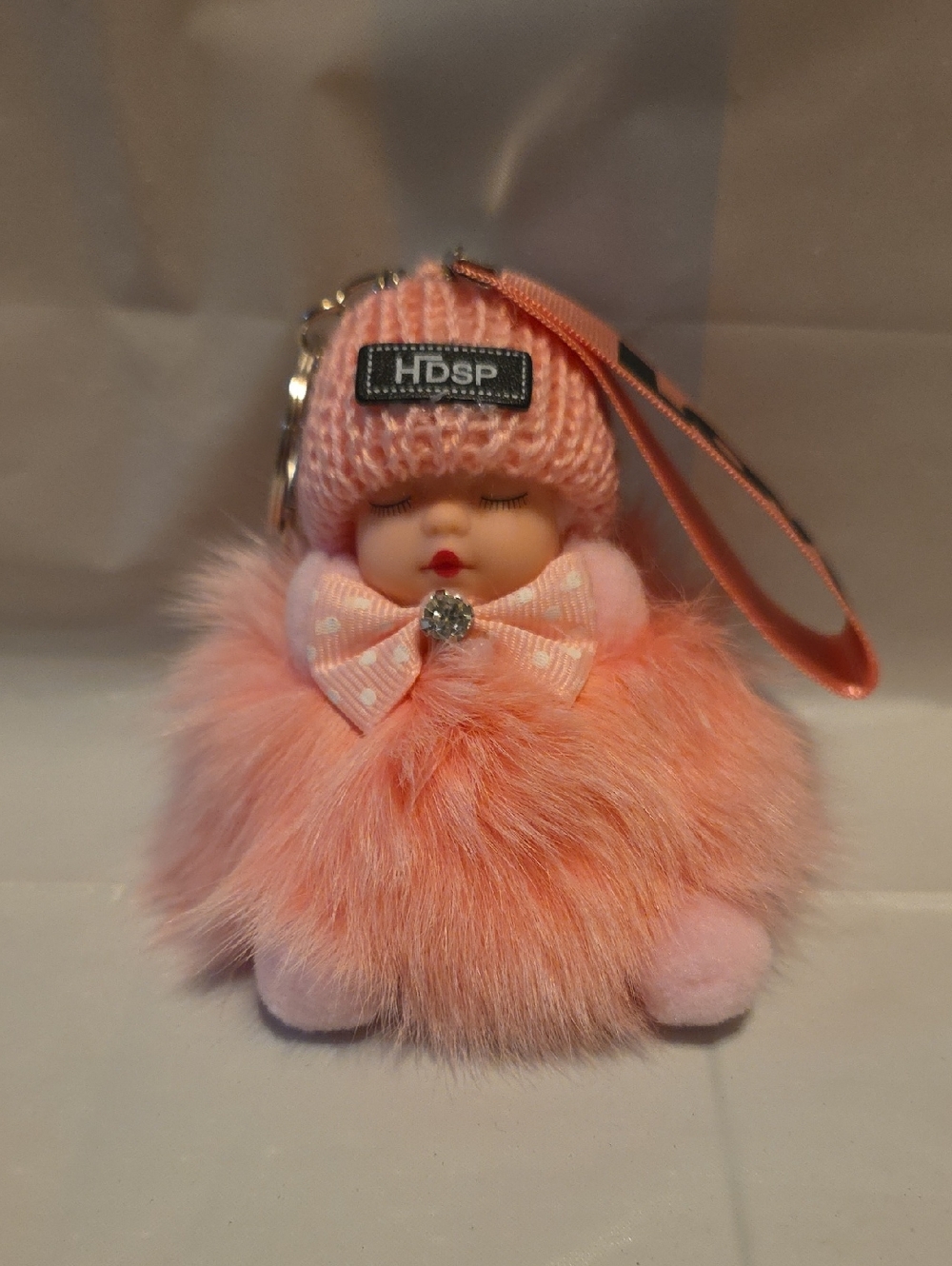Pink Plush Baby Doll Keychain - Soft Fur Charm